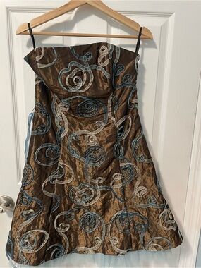 Jessica McClintock Brown Strapless A-Line Dress with Blue & Cream Swirl Accents